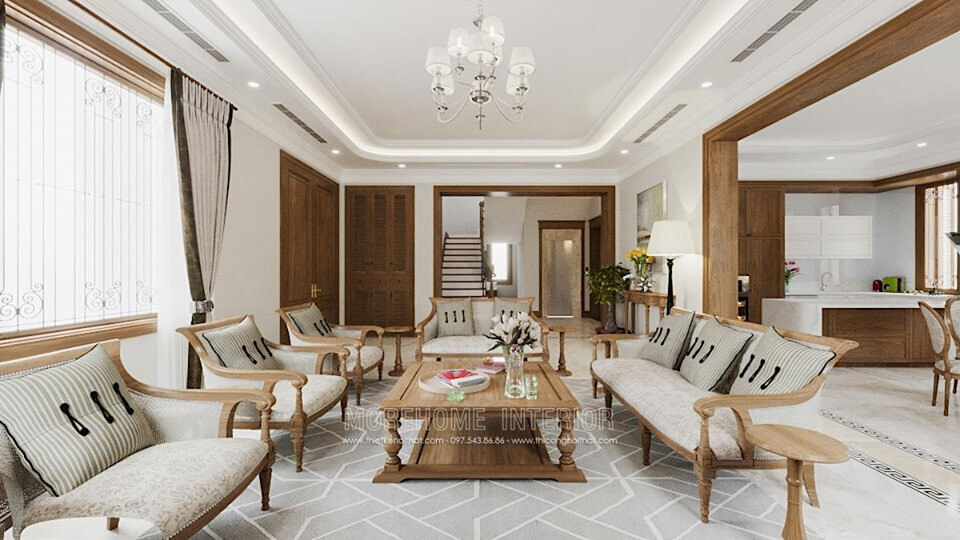 Morehome đem đến cho khách hàng mẫu thiết kế nội thất phòng khách cao cấp với chất liệu gỗ tự nhiên màu sắc nhẹ nhàng, tinh tế Thiết kế nội thất phòng khách biệt thự