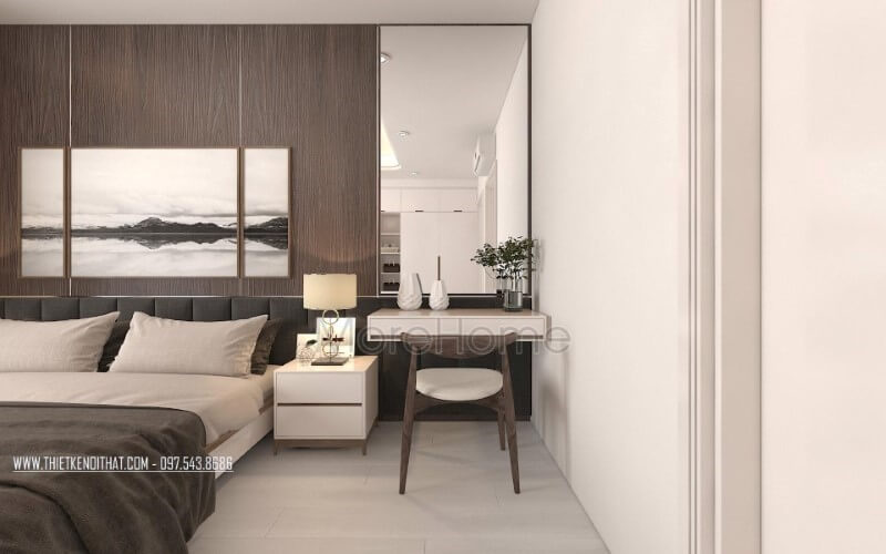 Bàn trang điểm kết hợp gương trang trí ốp tường hình chữ nhật tạo không gian phòng ngủ đơn giản nhưng hiện đại, đẹp, sang trọng. Mẫu nội thất chung cư đẹp