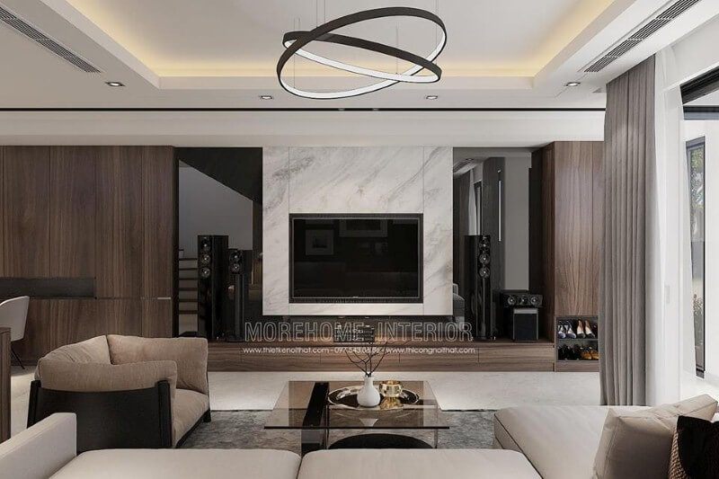 Trang trí tường phòng khách bằng đá LG đẹp sang trọng