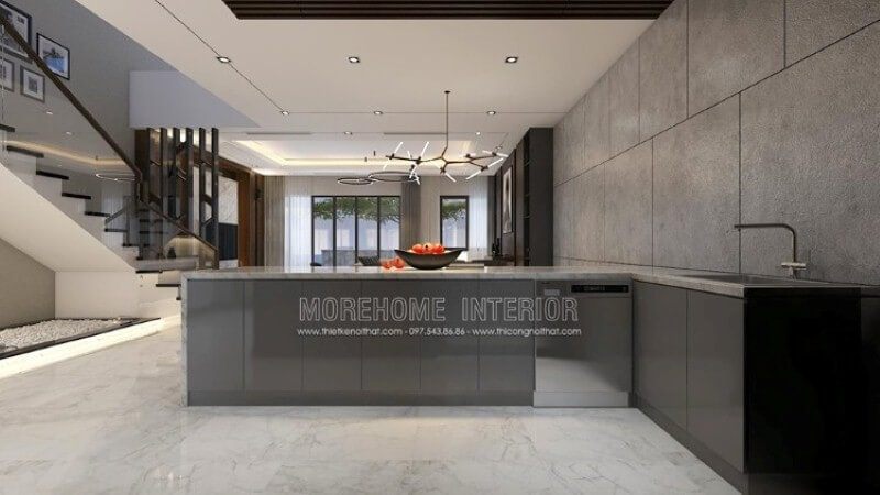 Trang trí nội thất phòng bếp biệt thự hiện đại mới lạ với ý tưởng sử dụng bếp đảo tách rời nhưng vẫn đảm công năng bố trí khi trang bị máy rửa bát, bồn rửa, tủ nhiều ngăn và bề mặt lớn đá nhân tạo có thể giúp bạn trưng bày lượng lớn các món ăn của mình.