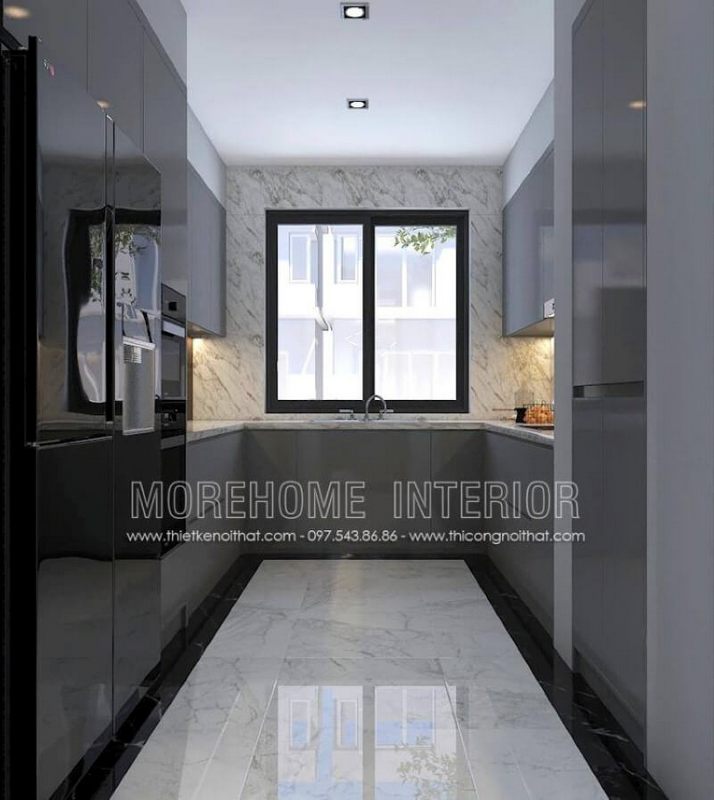 Với phòng bếp không được lớn, bạn nên trang trí nội thất với tủ bếp hình chữ U hiện đại gỗ acrylic trong đây với một bên bố trí tủ lạnh, lò vi sóng, lò nướng một bên là bếp từ nấu và tủ bếp đựng bát đĩa, xoong nồi cần thiết và ở giữa là chậu rửa là một trong những gợi ý giúp không gian bếp được phát huy tối đa công năng.