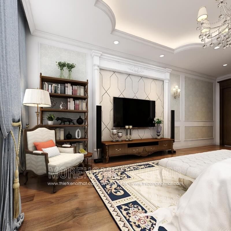 Hình ảnh kệ tivi bằng gỗ óc chó tân cổ điển tinh tế sang trọng tại không gian phòng ngủ biệt thự